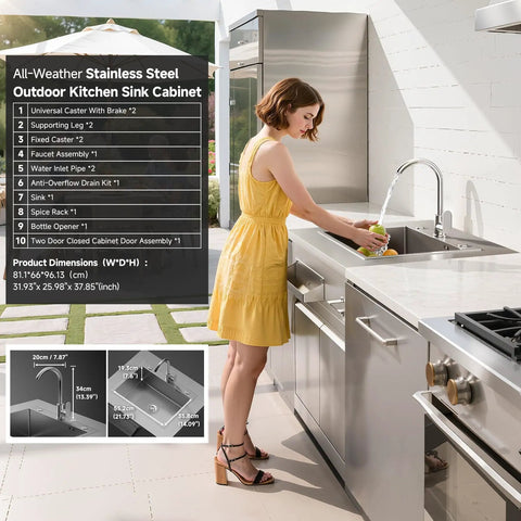 Woman using Stainless Steel Outdoor Kitchen Sink With Faucet Kit Hose Hookups Single Bowl Storage Brakes On Wheels