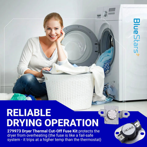 Woman with laundry basket in front of dryer featuring Dryer Thermal Cut Off Fuse Kit For Whirlpool Kenmore Maytag KitchenAid Electric Dryers Replacement Parts 8318314 3391913 AP3094323 PS334387 279973VP Easy Install And Reliable Performance overlay.