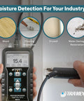 Moisture Encounter MEX5 No-Nonsense Digital Moisture Meter measuring wall moisture with optional external RH probe.
