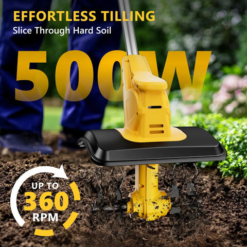 500W cordless tiller in action, 21V Cordless Tiller Cultivator With Two 3.0Ah Batteries And Fast Charger 9 Inch Tilling Width