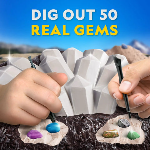Hands using tools to excavate gems from a large dig brick with text 'Dig Out 50 Real Gems' - Gigantic Gemstone Dig Kit For Kids Fun Excavate 50 Real Gems From A Giant Dig Brick With Tools Learning Guide And STEM Gem Mining Adventure For STEM Learning And Hands On Discovery