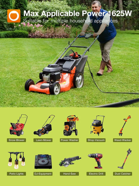 Person using lawn mower with 50 Ft Outdoor Extension Cord Beefy Waterproof All Weather 16 Gauge With Flexible Copper 3 Prong Plug