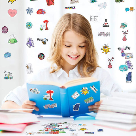 Girl reading a book decorated with Science Sticker Pack 200 Pcs For Students And Teachers Four Styles Kid Friendly Classroom Decor Decals
