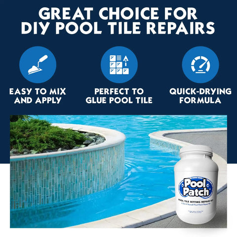 Pool Tile Thinset Repair Kit 10 Lb Easy Mix Adhesive For Quick Bonding To Pool Tile Wet Or Dry DIY Friendly Fast Setting Formula Covers About 20 Sq Ft At One Quarter Inch Extra Strong Bond Waterproof Made In USA showing next to a tiled pool