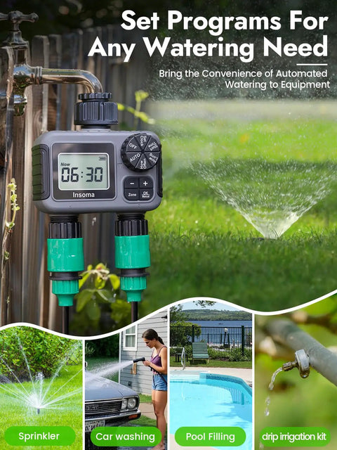 Two Zone Garden Hose Sprinkler Timer With Dual Channel Control displayed on a fence with watering systems in action.