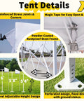 Tent details with reinforced joints, adjustable height, rustproof steel frame for 10x10 Pop Up Canopy Tent With Wheeled Bag Instant Setup.