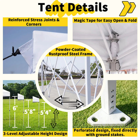 Tent details with reinforced joints, adjustable height, rustproof steel frame for 10x10 Pop Up Canopy Tent With Wheeled Bag Instant Setup.