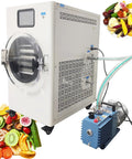 Heavy Duty Four Tray 110V Vacuum Freeze Dryer Machine For Home Kitchens With Stainless Steel Trays, showcasing control panel and food.