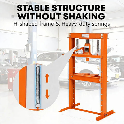 12 Ton Hydraulic Shop Press Built Tough Heavy Duty H Frame Floor Press With Movable Plates And 5 Hole Adjustable Throat For Bearing Bending Straightening And Forming Orange Workhorse For Auto Shop