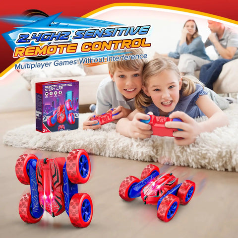 Kids playing with Remote Control Car Double Sided 360 Degree Rotation 4WD RC Toy For Kids Ages 3 To 12 2 4GHz Rechargeable Battery