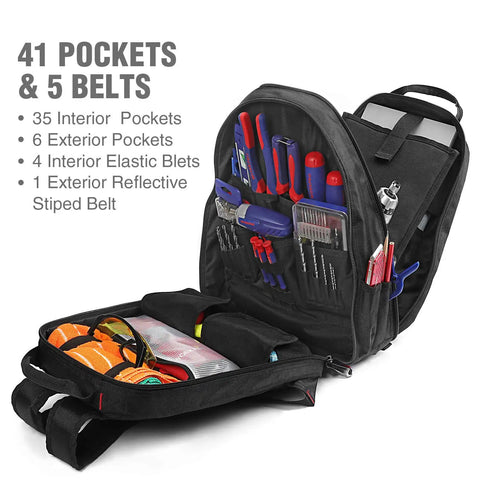 Black heavy duty tool backpack with 41 pockets, padded laptop sleeve, open to show organized tools for electricians and plumbers.