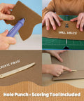 Rad Cardboard Cutter For Kids With Totally Safe Blade-Free Design showing hands using hole punch and scoring tool on cardboard.
