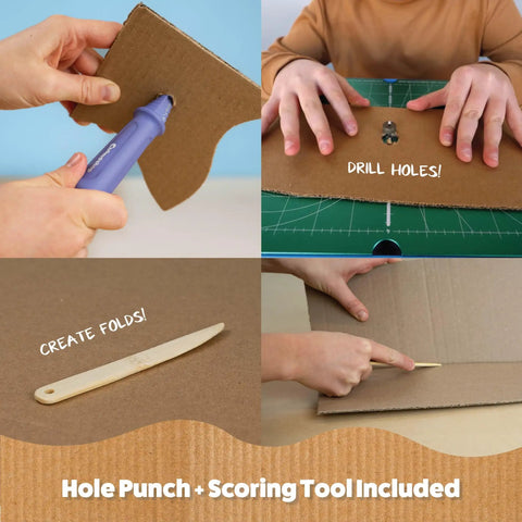 Rad Cardboard Cutter For Kids With Totally Safe Blade-Free Design showing hands using hole punch and scoring tool on cardboard.