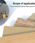 Badass One Piece Half Inch Shank Rabbet Router Bit With Interchangeable Bearings For Killer Finishes And Precision Woodworking Craftsmanship Using Handheld Or Table Routers, showing application with various wood types.