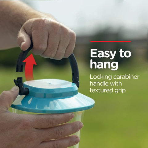 Hand holding carabiner handle of LED Camping Lantern With USB Charging, 800 Lumens Of Bright Light, Battery Powered