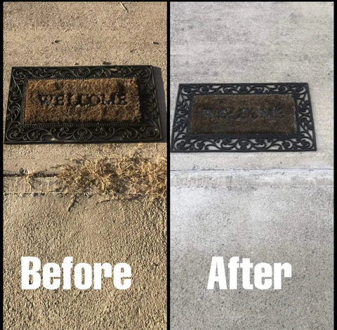 Before and after image showing a welcome mat and a concrete surface repaired with Flexible Concrete Crack Filler Two Shades Of Gray For No Tools Needed DIY Easy Application Fills Cracks Up To One Inch, Seals Cracks To Prevent Further Damage, Weather Resistant, Ideal For Driveways Sidewalks Patios Garages Basements, 16 Fl Oz Bottle.