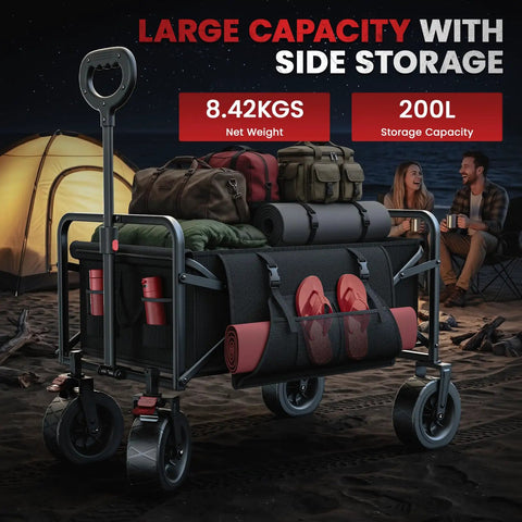 200L Collapsible Wagon Cart Heavy Duty Beach Wagon With 7.48 Inch All Terrain Wheels And Side Pocket, loaded with camping gear