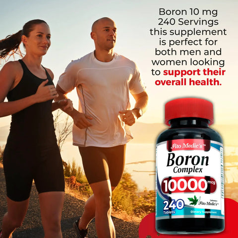 Ultra High Absorption Boron Supplement 10 mg Per Serving 240 Servings shown with active man and woman jogging outdoors.