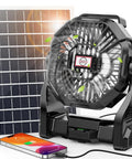 30000mAh Solar Powered Fan With LED Lantern And 10W Panel Rechargeable Camping Fan for Outdoorsy Folks, 9-inch, with charging phone.