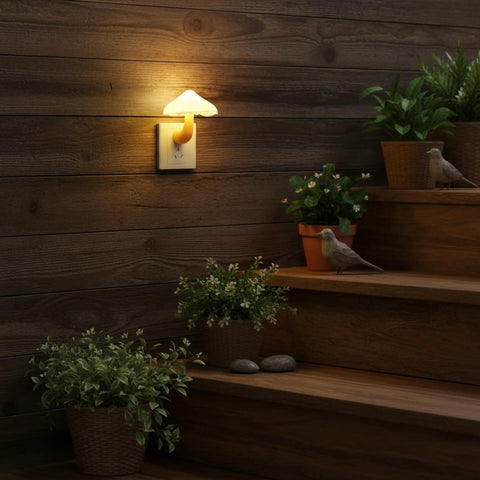 Two Pack LED Mushroom Night Lights Plug In Wall Lamps With 7 Color Changing Sensor illuminating wooden stairs with plants