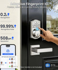 Smart WiFi Fingerprint Front Door Lock With App Control And Voice Assistants 6 In 1 Keyless Entry No Key Needed Stores 20 Fingerprints Unlimited Codes 100 Custom PINs Two Physical Keys Auto Lock Satin Nickel, shown installed on black door, with app display and fingerprint in use.