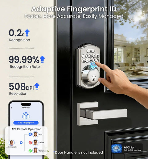 Smart WiFi Fingerprint Front Door Lock With App Control And Voice Assistants 6 In 1 Keyless Entry No Key Needed Stores 20 Fingerprints Unlimited Codes 100 Custom PINs Two Physical Keys Auto Lock Satin Nickel, shown installed on black door, with app display and fingerprint in use.