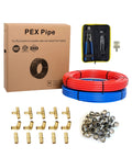 DIY Ready Half Inch Pex B Pipe Tubing Kit 200 Feet With Red And Blue Rolls, brass fittings, crimp tool, cinch clamps, cutter.