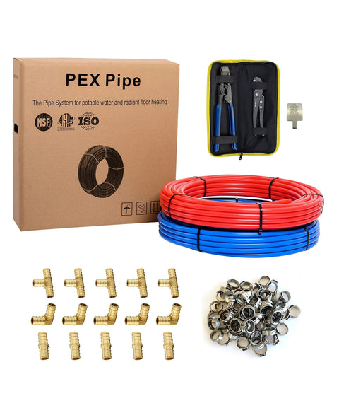DIY Ready Half Inch Pex B Pipe Tubing Kit 200 Feet With Red And Blue Rolls, brass fittings, crimp tool, cinch clamps, cutter.