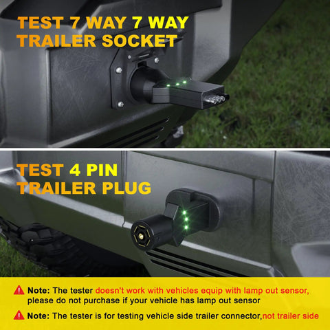 7 Way Blade and 4 Pin Trailer Light Circuit Tester With LED Indicators And 2 In 1 Design, 6 Function Light Tester For RV, Truck, Vehicle Side Sockets, And Tow Trailer Lighting Systems installed on 7-way and 4-pin trailer sockets