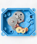 Internal gears of motorized stainless steel ball valve with IP67 waterproof cover for outdoor use, blue housing