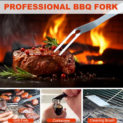 22 Piece Stainless Steel BBQ Tools Set With Aluminum Case Outdoor Grill Accessories Kit Includes Tongs Spatula Basting Brush Fork Corkscrew Grill Brush Replacement Head 6 Skewers 8 Corn Holders Grillin Gift For Men And Dad This Christmas featuring a stainless steel fork holding a steak on the grill.