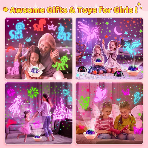 Kids Star Projector For Bedroom With Bluetooth Music, 360 Degree Rotating Night Light, creating vibrant scenes on walls.