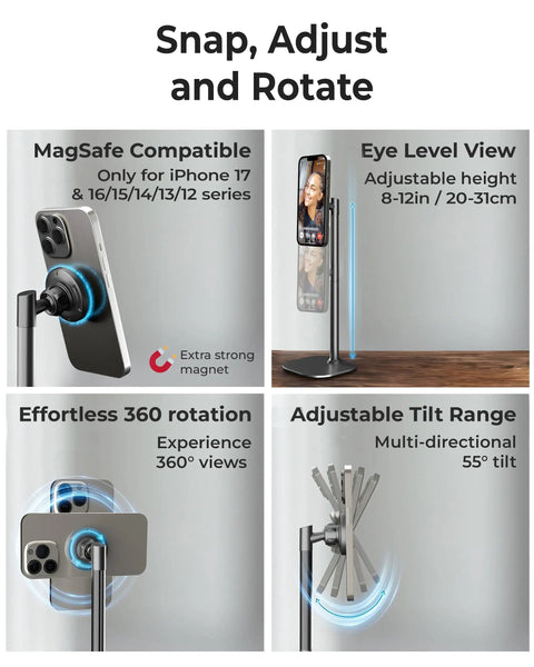 MagSafe Desk Phone Stand With Adjustable Magnetic Holder For iPhone 17 Pro Max And 16 Through 12 Models showcasing 360° rotation and tilt.