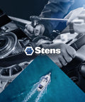 Collage of mechanical parts and tools with a boat, Stens logo in the center.