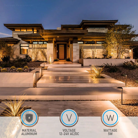 5CCT Low Voltage Pathway Lights With Anti-Glare Side-Emitting Design illuminating a modern house entrance, 5W LED lighting, aluminum.