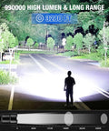 Person using Rechargeable 90000 Lumen Flashlights Two Pack With 5 Light Modes Ultra Bright LED Beasts High Powered IPX7 Waterproof Lights For Camping Hiking Home Use to light up street at night, covering distance of 3280 feet.