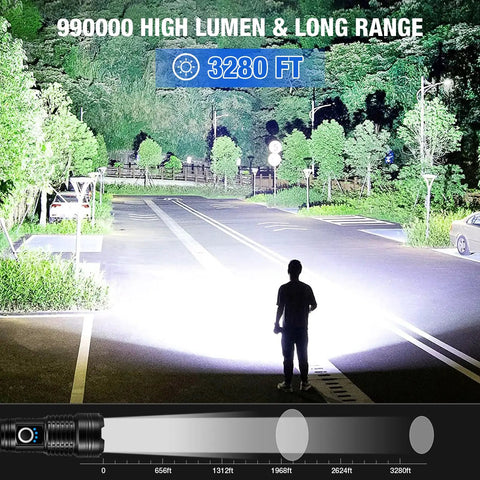 Person using Rechargeable 90000 Lumen Flashlights Two Pack With 5 Light Modes Ultra Bright LED Beasts High Powered IPX7 Waterproof Lights For Camping Hiking Home Use to light up street at night, covering distance of 3280 feet.