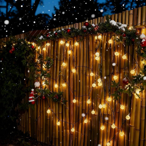 Solar String Lights Outdoor IP65 Waterproof 9.3 Feet With 20 Crystal Globe Bulbs Warm White illuminating bamboo fence
