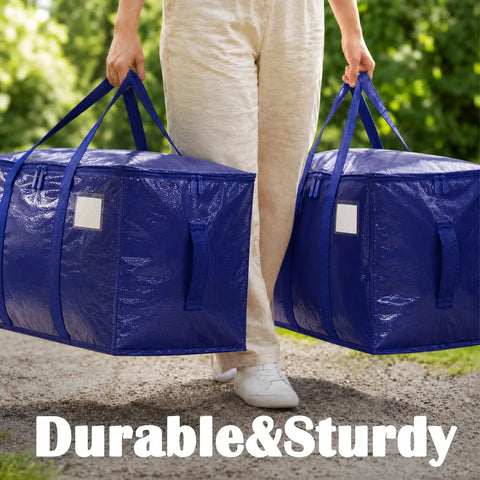 Person carrying two blue Heavy Duty Moving Bags 6 Pack Large Storage Bags With Zipper And Handles Waterproof Tote Bags