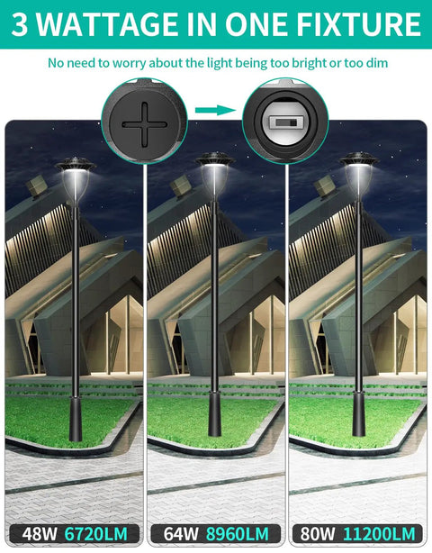 Three 80W LED Post Top Lights With Dusk To Dawn Sensor, adjustable wattage, illuminating outdoor area, 6720LM to 11200LM range