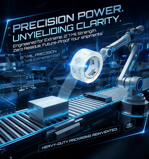 Robotic arm holding heavy duty packing tape refills 12 pack, 2.7 mil clear packaging tape on assembly line.