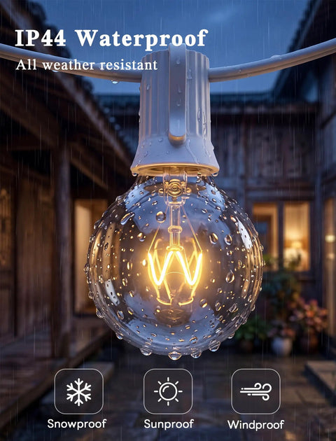 Outdoor String Light Set G40 100 Feet With 105 Edison Glass Bulbs, waterproof bulb glowing in rainy patio setting.