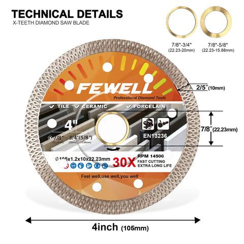Image of Ultra Thin 4 Inch Porcelain Diamond Tile Blade Turbo Mesh Rim X Teeth For Clean Fast Cuts 3 Pack with technical details.