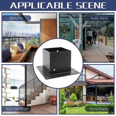 Heavy Duty 4x4 Post Base Anchors for Deck Fence and Pergola, Steel Brackets With Black Coated Finish, shown in multiple applications