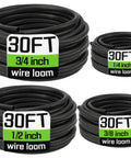 Split Wire Loom Kit 1/4 To 3/4 Inch, 30 Ft Black Flexible Conduit Tubing For Wires, shown in four coil sizes with labels