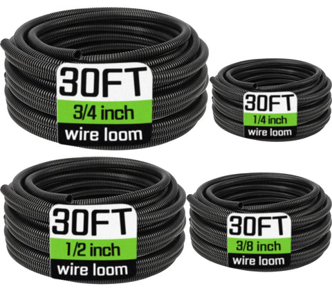 Split Wire Loom Kit 1/4 To 3/4 Inch, 30 Ft Black Flexible Conduit Tubing For Wires, shown in four coil sizes with labels