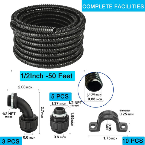 Black Flex Liquid Tight Non Metallic Electrical Conduit Kit Half Inch 50 Feet With Five Couplings Three Elbows And Ten Straps