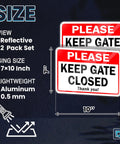 Two Pack Keep Gate Closed Signs, 7 By 10 Inch Reflective Aluminum Gate Signs For Outdoor Fences, Rust Resistant, Door Or Post Sign for yard