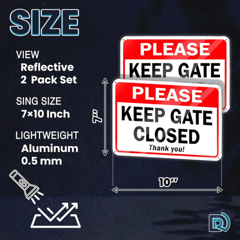 Two Pack Keep Gate Closed Signs, 7 By 10 Inch Reflective Aluminum Gate Signs For Outdoor Fences, Rust Resistant, Door Or Post Sign for yard