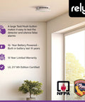 Ceiling-mounted 2-in-1 Smoke And Carbon Monoxide Detector With 10-Year Sealed Battery, RealAlerts Voice Guidance And LED Ring, Dual Sensor Fire And CO Protection For Whole Home Safety, 1 Pack in living room with warranty icons.